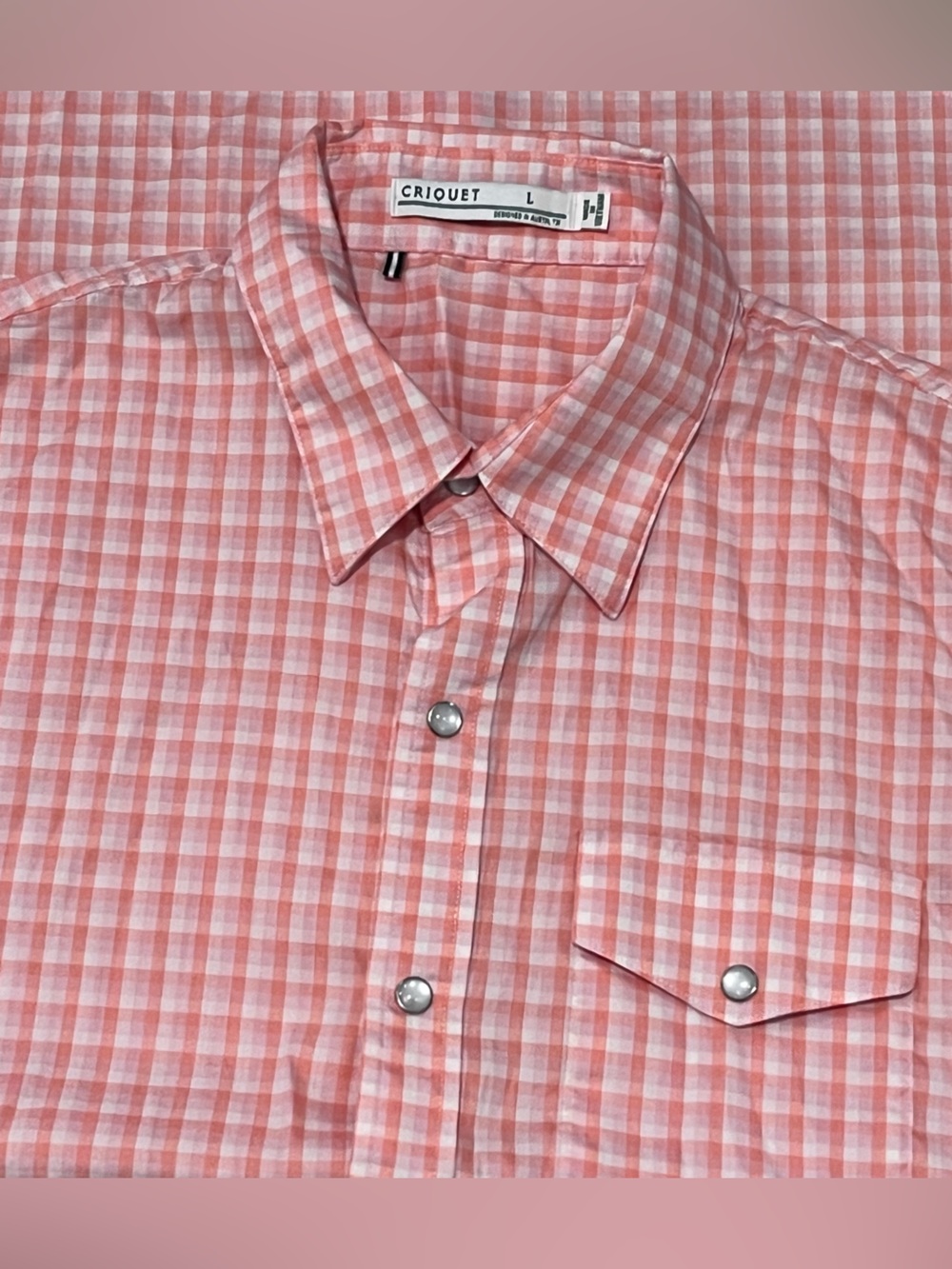 Criquet Cotton Pearl Snap Plaid Shirt Mens L Large Salmon Pink Western EUC